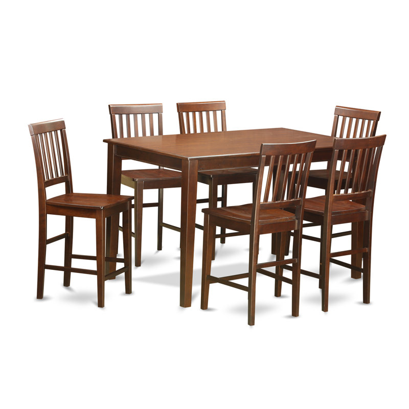 7 Piece Kitchen Counter Height Dining Table Set Consist of a Rectangle Dining Room Table and 6 Wooden Seat Chairs, Mahogany