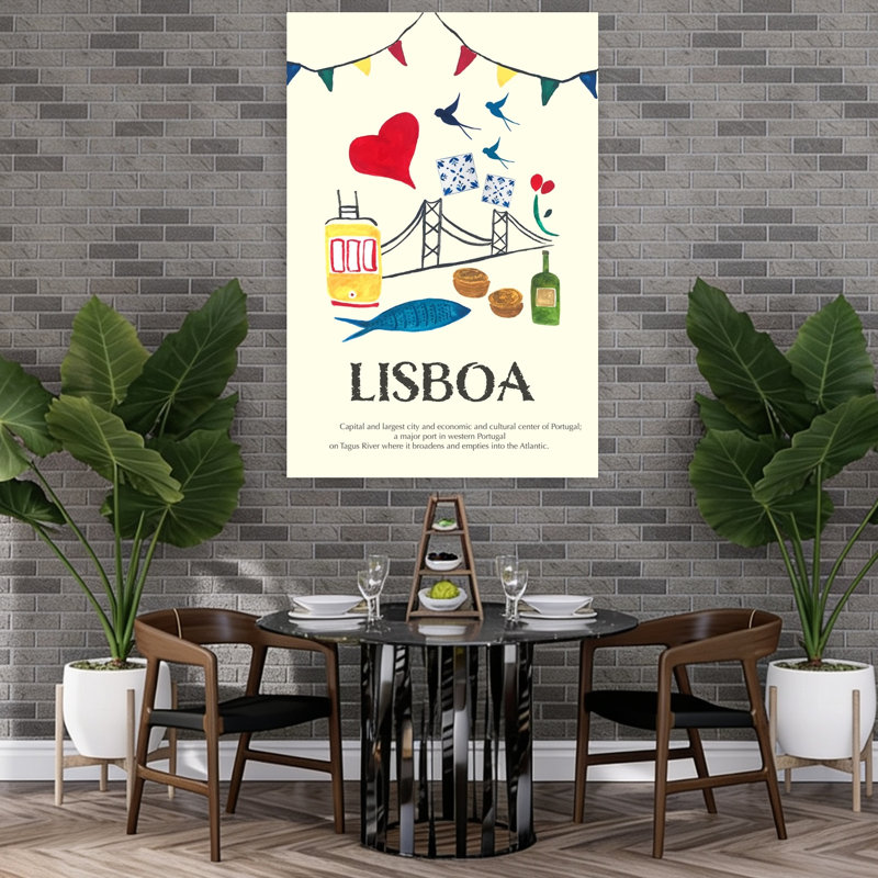 Lisbon Travel Highlights Traditional Abstract Contemporary Bird Fish City Architecture Wall Art Print, 152.4cm H x 101.6cm W