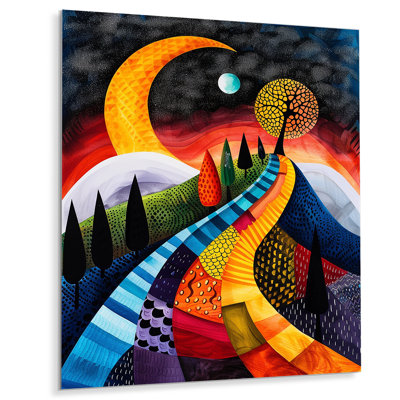Yellow Tree On Graphic Fantasy Mountain Road - Abstract Landscape Wall Art Decor