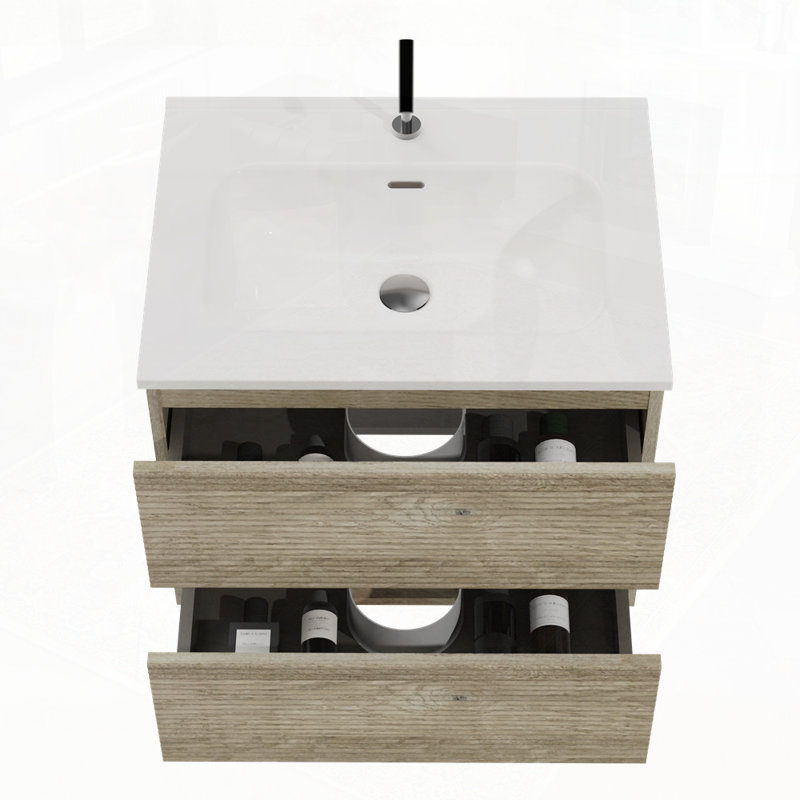 Meuble-lavabo mural avec lavabo en céramique intégré et trop-plein, Chêne
