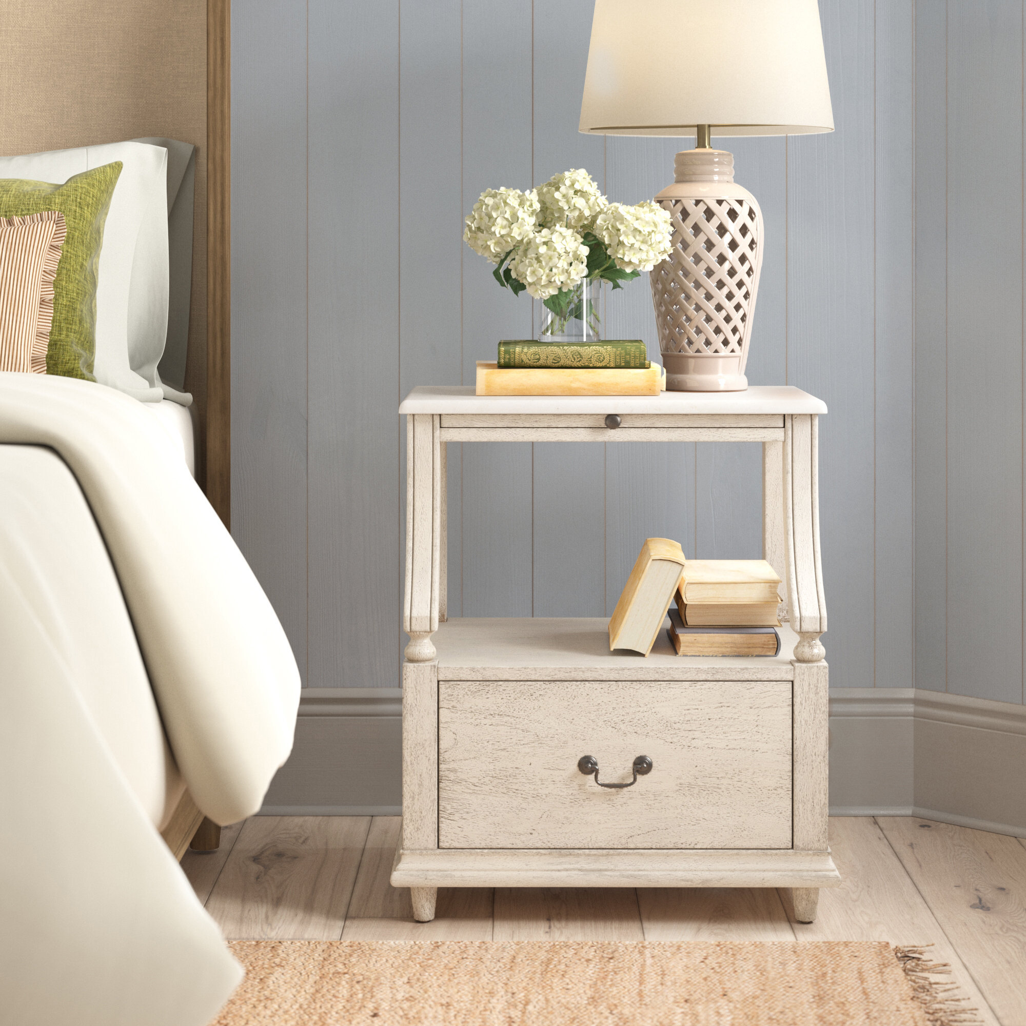 Aberdale 1 - Drawer Marble Top Nightstand, White