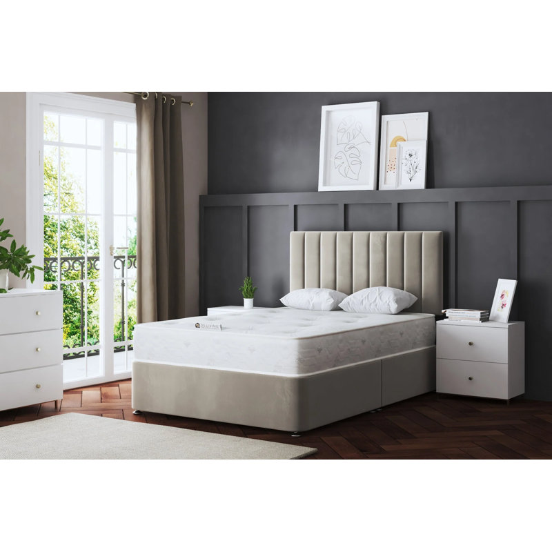  Upholstered Panel Divan Bed with Headboard, Kingsize (5'), Beige