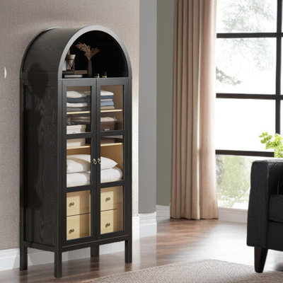 72" Farmhouse Arched Glass Door Cabinet With Lights & Drawers, Black