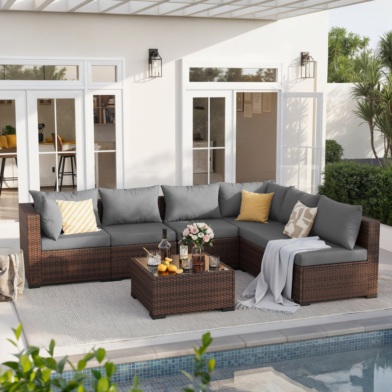 Ensemble de conversation de patio 7 pièces avec table basse et coussins, Gris, Brun