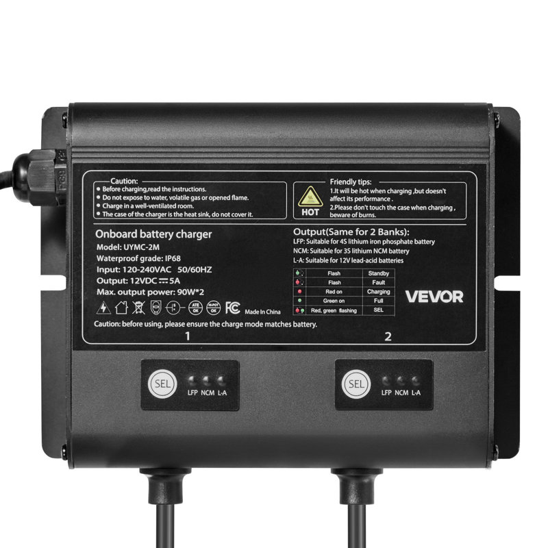 Marine Battery Charger, 2-Bank, 5A 12V Onboard Boat Charger, IP68 Waterproof Smart On-Board Battery Charger, for Lithium-Ion (LiFePO4), NCM, Lead-Acid Batteries, Large Boat, Yacht, RV, Trailer