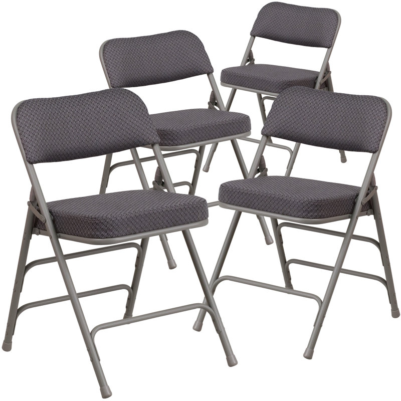 Hurshid Curved Triple Braced & Hinged Fabric Upholstered Metal Folding Chair, Gray