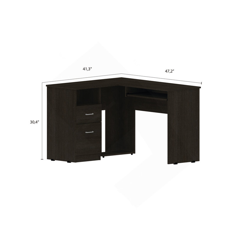 Bureau mixte en forme de L, plateau à clavier, deux tiroirs, tablette ouverte simple - noir, Noir, Noir noir