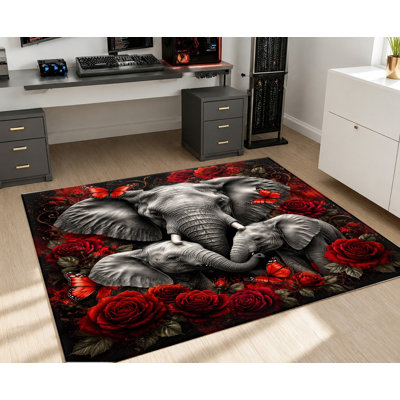 Tapis lavable à la machine avec motif d'éléphants, de roses et de papillons, dos antidérapant, éléphants gris et blancs, roses rouges sur fond noir, décoration intérieure confortable pour salon, chambre, entrée, cuisine, balcon, appartement