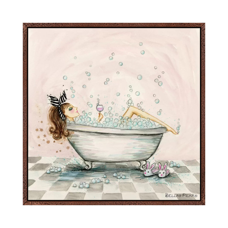 Pamper Yourself Bubble Bath by Bella Pilar - Painting on Canvas, Classic Brown Wood Framed Canvas, 45.72 cm H x 45.72 cm W