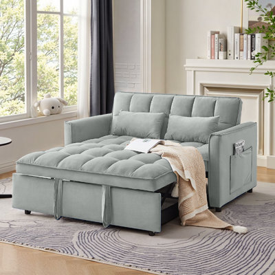 Canapé-lit convertible 3 en 1, canapé-lit de 55 po, canapé-lit moderne avec dossier inclinable réglable et poches latérales pour le salon, tissu en velours, gris