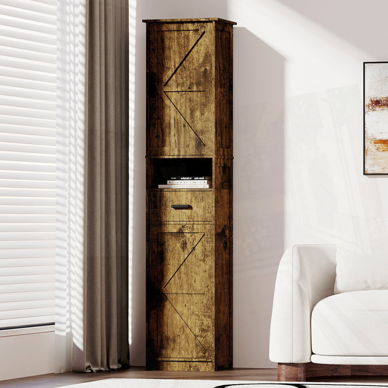 Grande armoire de rangement pour salle de bain avec 2 portes de grange et 1 tiroir, Rétro