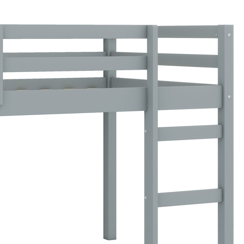 Solid Wood Bed Frame With Ladder, Wood Slat Support, Gray