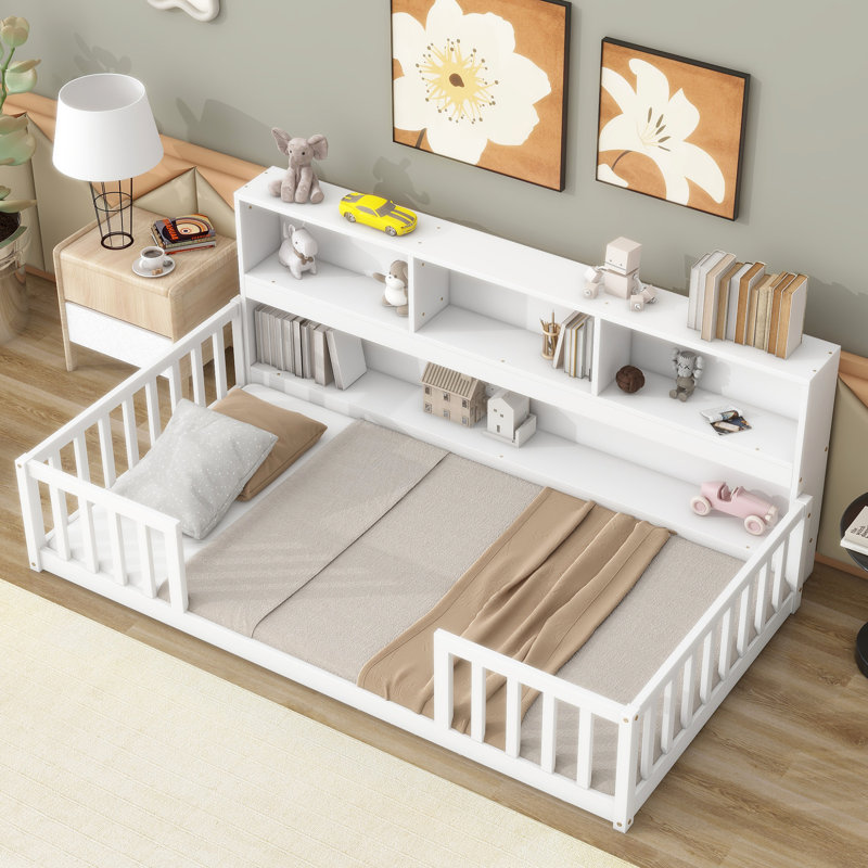 Bedroom White Twin Floor Bed With Shelves, Guardrail Opening And Bedside Bookcase & Accessibility In, Twin, White