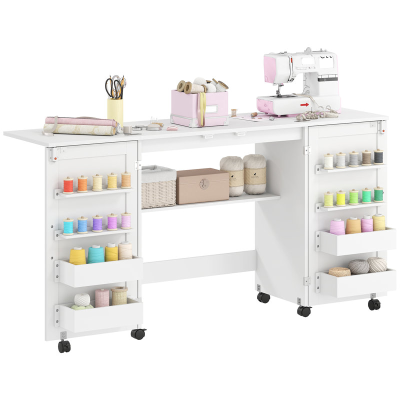 160cm x 40cm Foldable Sewing Table with Sewing Machine Platform and Wheels
