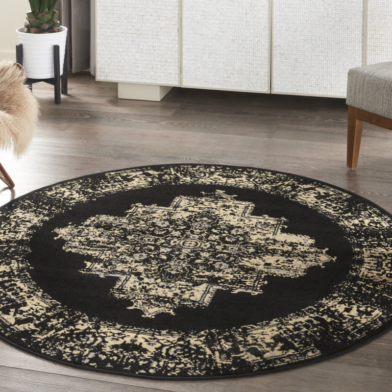 Burnie Oriental Black/Cream Area Rug, Round 4'