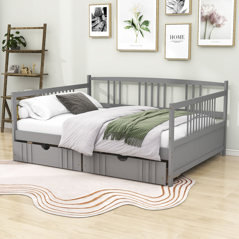 Wooden Daybed with 2 Drawers, Full, Gray