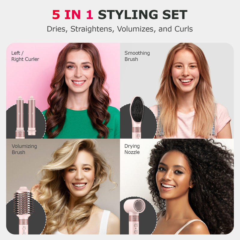 5 in 1 Air Hair Styler High Speed Motor Auto Wrap Curlers Ionic Anti Frizz No Heat Damage 1400W 2 Speeds 5 Settings for All Hair Types Travel Storage Festival Gift