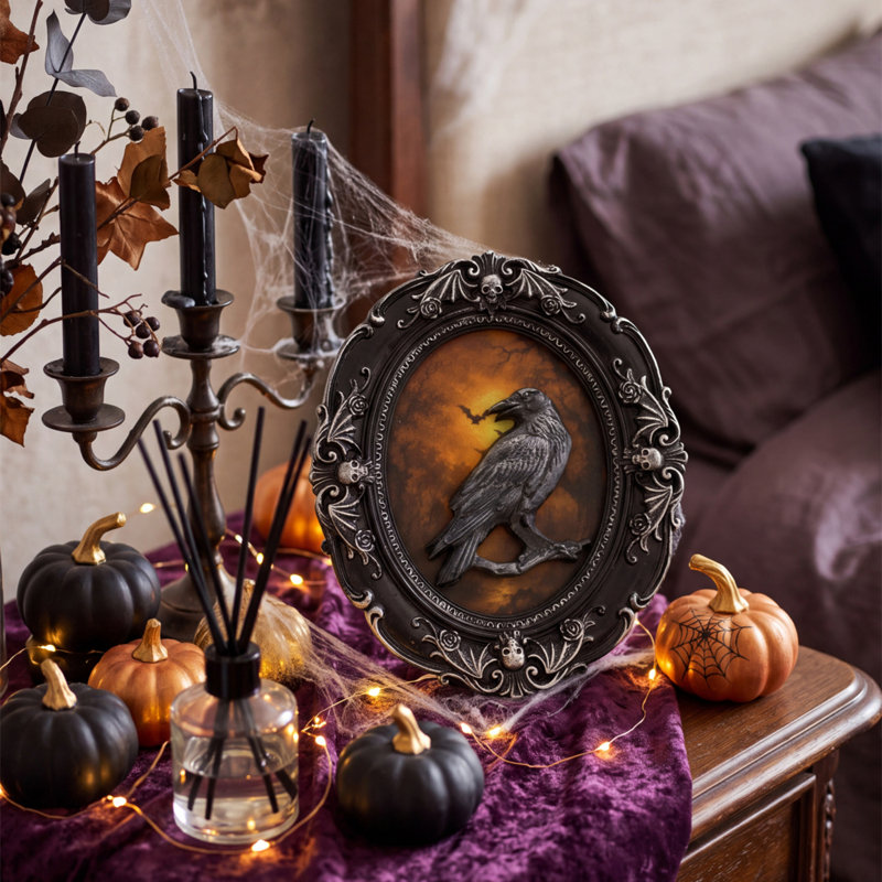 Plaque murale 3D gothique en résine, représentant un corbeau, avec un motif sculpté en relief. Décoration murale suspendue, style vintage sombre, idéale pour une fête d'Halloween ou comme cadeau.
