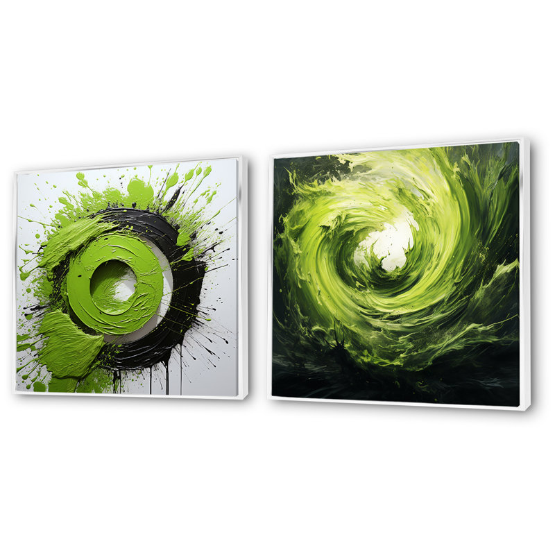 «Green Spiral Neon Fusion I», ensemble de 2 collages abstraits, Cadre flottant blanc, H 36 po x l 73 po x P 1,5 po