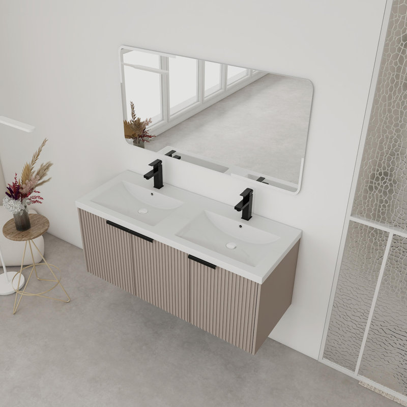 Meuble-lavabo mural 48 po avec double lavabo en résine, Kaki