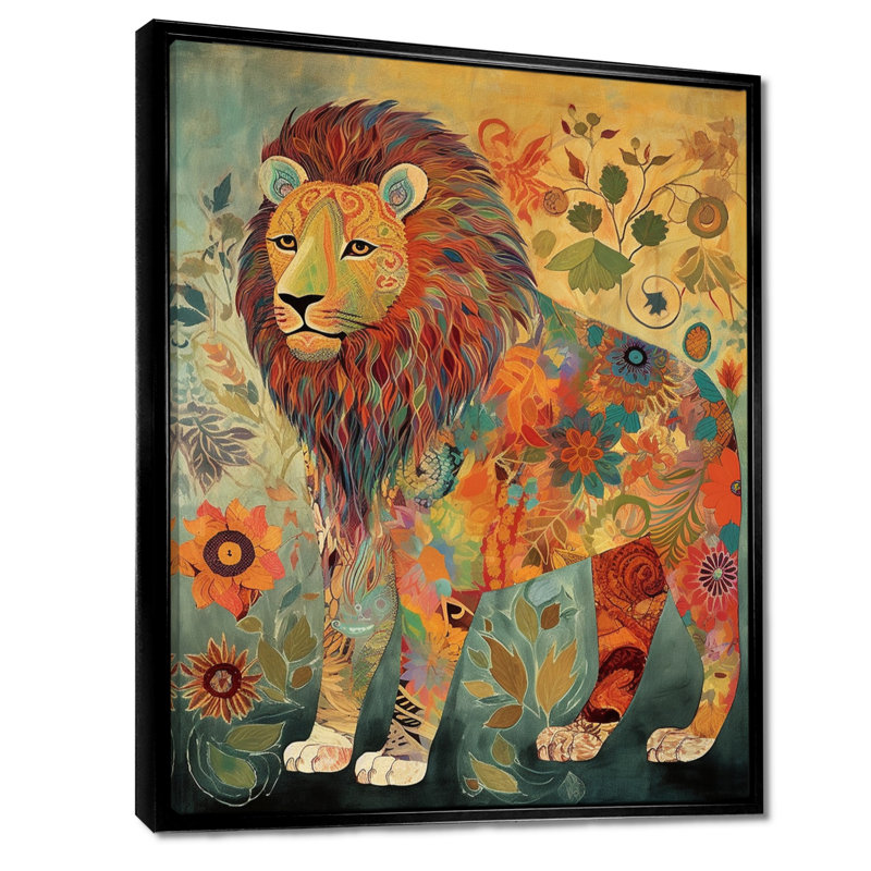 Lion boho fleuri, rétro, art mural lion, salon, Toile flottante noire encadrée, H 20 po x l 12 po