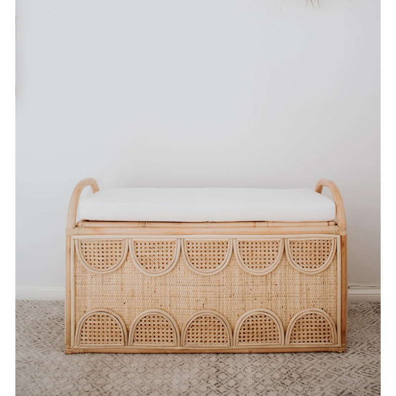 Banc de rangement scandinave en rotin tissé à la main avec coussin
