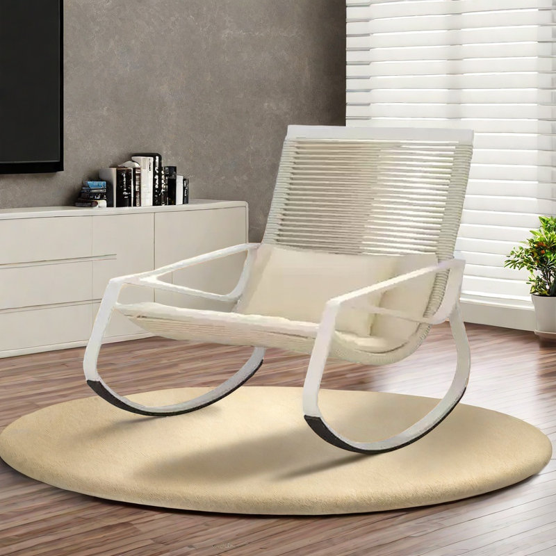 Chaise berçante tissée confortable et élégante, Blanc cassé, Blanc