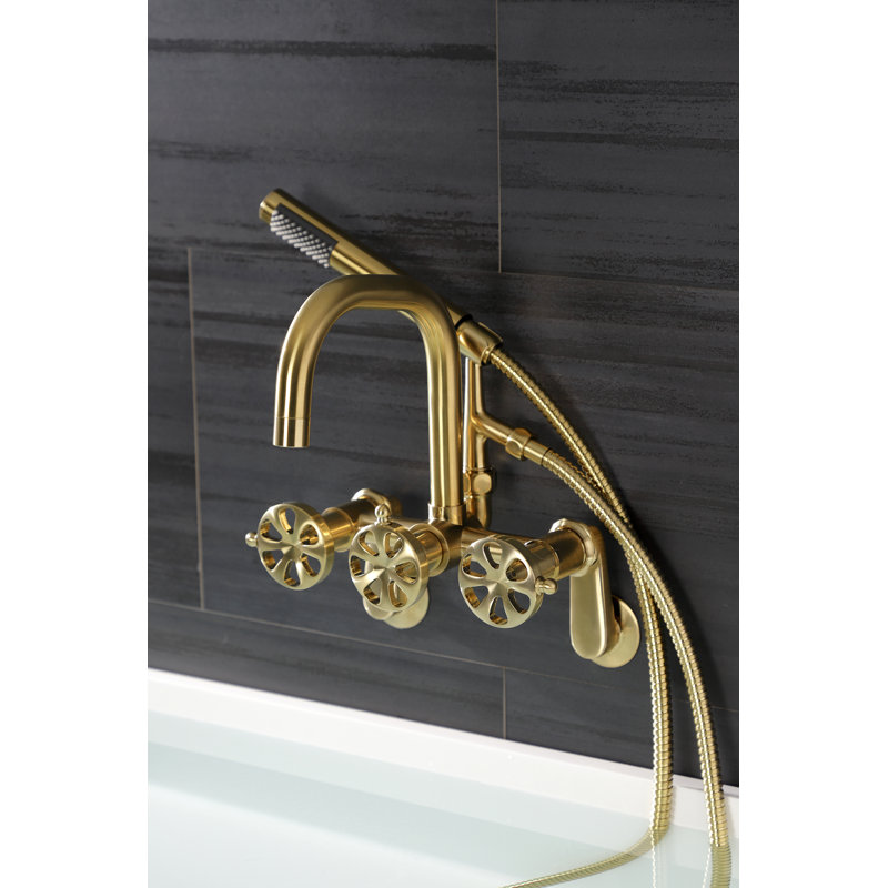 Kingston Brass Belknap Three-Handle 2-Hole Wall Mount Clawfoot Tub Faucet with Hand Shower, Brushed Brass