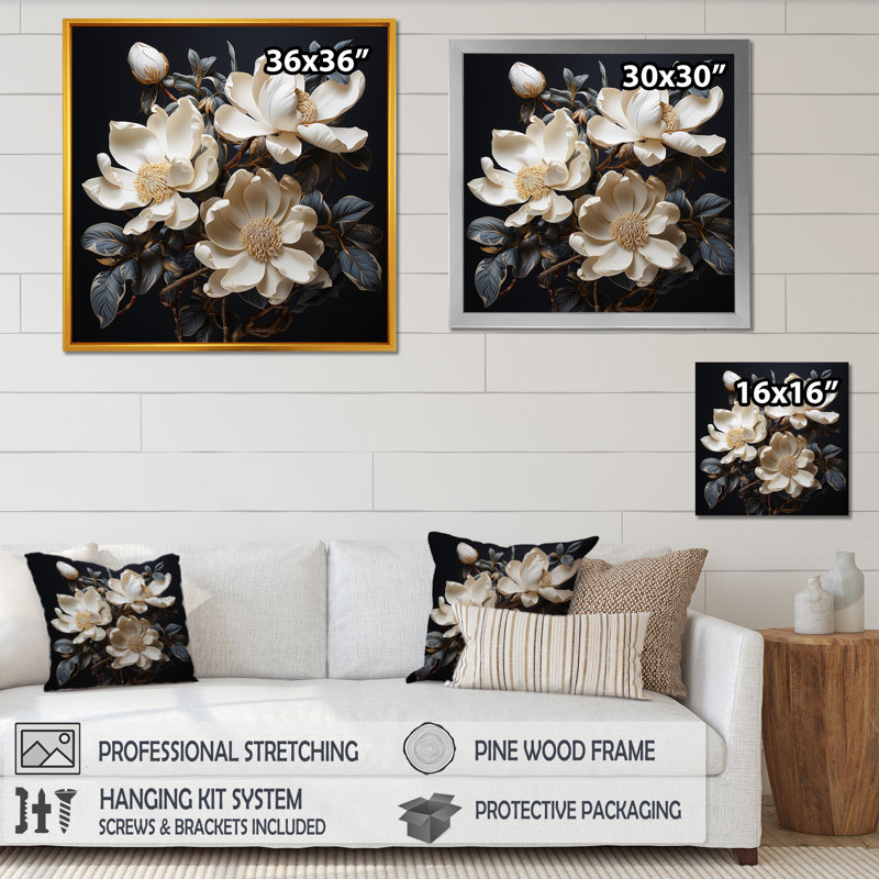 Magnolias sortent de l'ombre en noir, Cadre doré simple, H 24 po x l 24 po x P 1 po