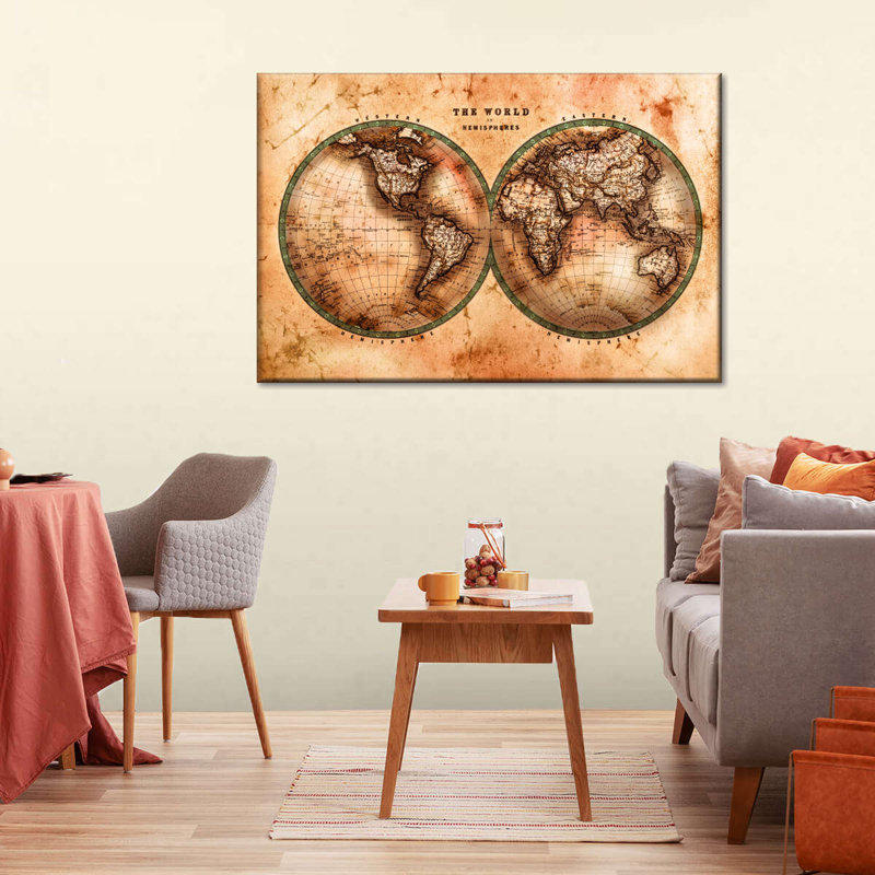 Rustic Hemispheres Map on Canvas, impression, H 16 po x l 24 po x P 1,25 po