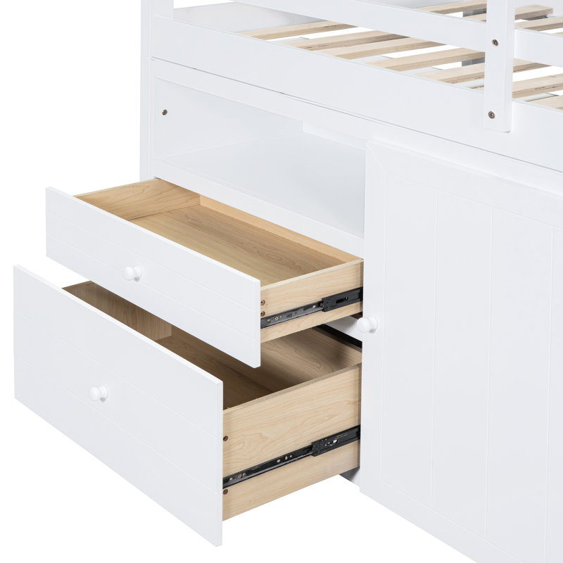 Lit mezzanine simple blanc avec 4 tiroirs, sous l'armoire et les tablettes - espace de sommeil relaxant et chambre à coucher moderne