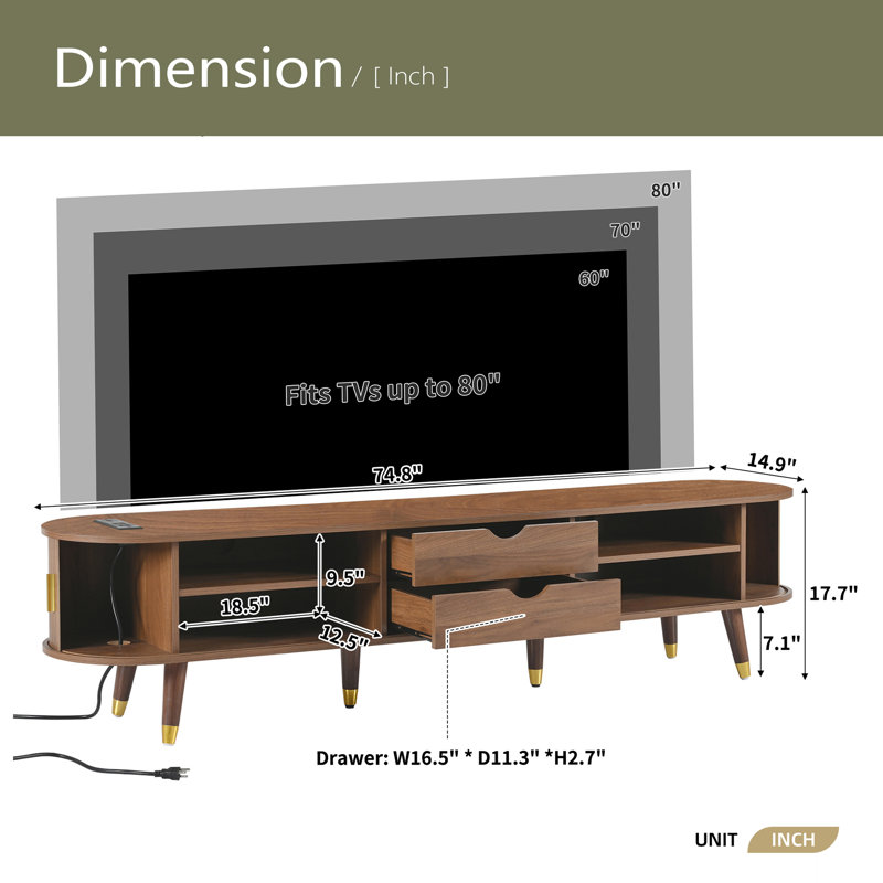 Wooden Oval Fluted TV Stand With Charging Station For TV Up To 80", Mid-Century Media Console With Sliding Tambour Door, Farmhouse TV Cabinet With Golden Handle For Living Room