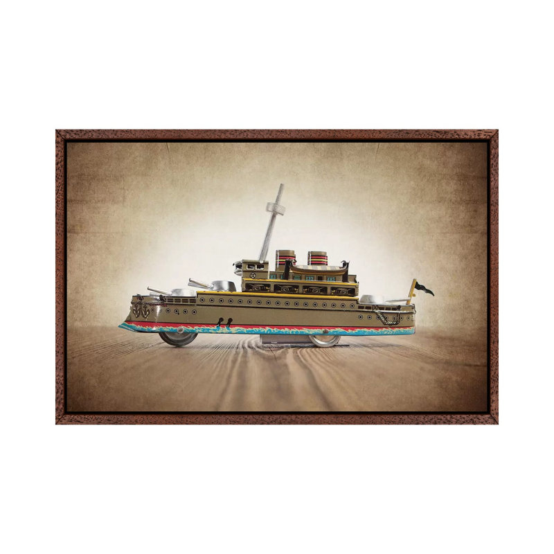 Green Tin Ship - Print on Canvas, 66.04 cm H x 45.72 cm W, Classic Brown Wood Framed
