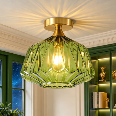 Plafonnier semi-encastré doré 1 lumière 11,81 po avec abat-jour géométrique en verre transparent pour salle à manger, cuisine, vestibule ou salon