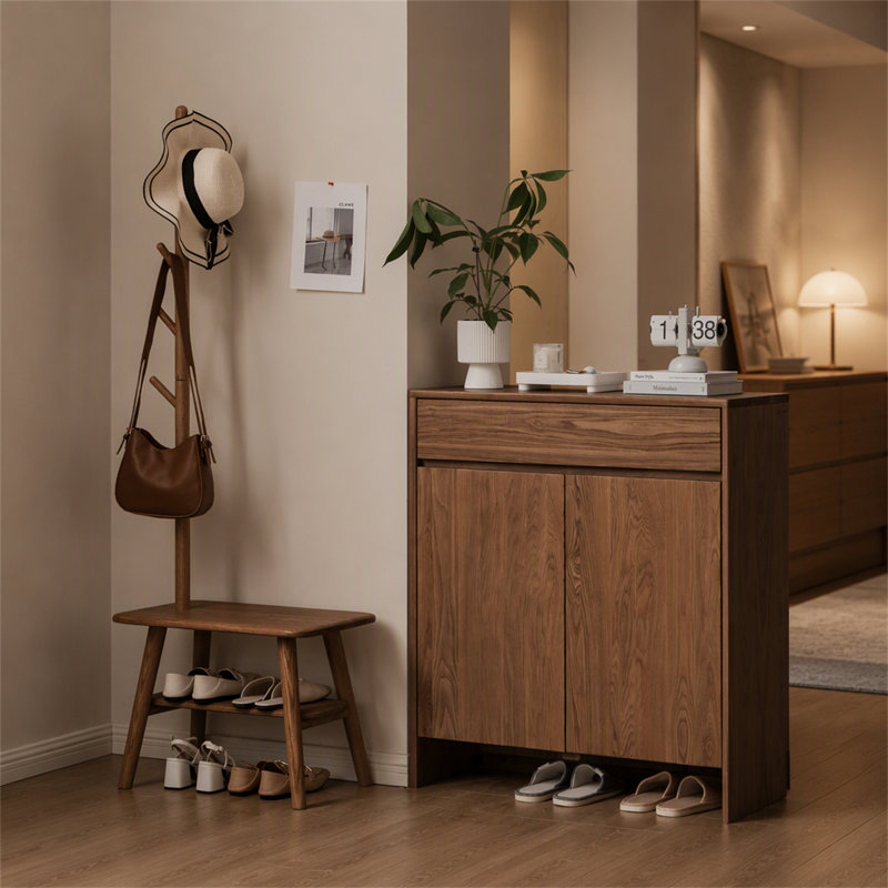 Banc de rangement en bois massif avec porte-manteau intégré pour une organisation efficace et des sièges confortables