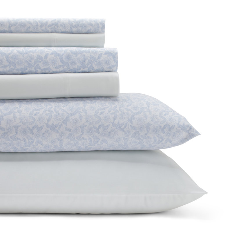 Laura Ashley Marissa 200 Thread Count Floral 100% Cotton Percale Sheet Set, Queen, Belle Blue