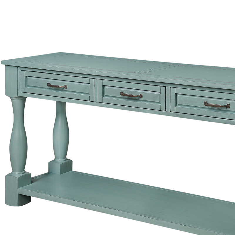 Retro Green Solid Wood Console Table with Storage Drawers and Shelf