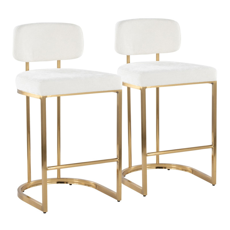 Erma Mid-Back 26" Fixed-Height Counter Stools (Set of 2), White Seat/Gold Frame