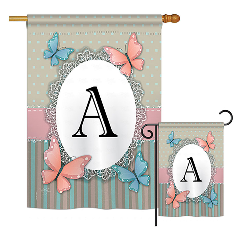 « papillons a initials », drapeau de jardin initial et grenouilles, ensemble de 2 côtés en polyester vertical décoratif, A