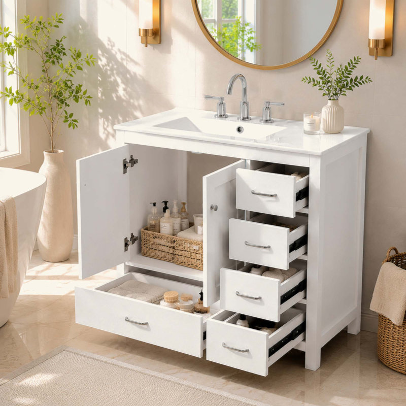 Ensemble de meuble-lavabo avec lavabo en céramique, armoire de rangement abondante - 2 portes à fermeture douce et 5 tiroirs