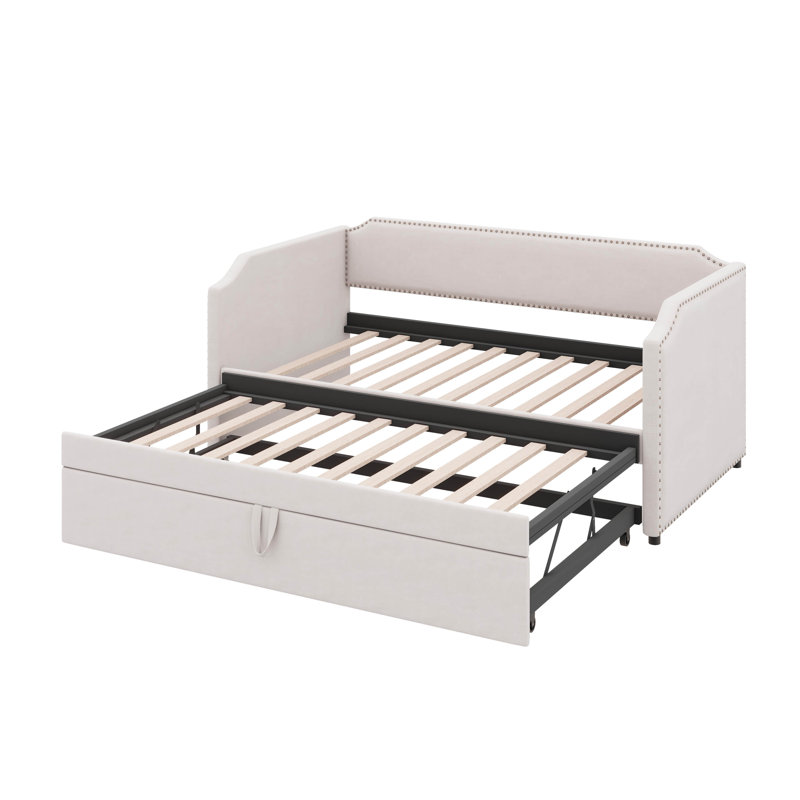 Lit de jour simple en velours rembourré avec lit gigogne, Beige