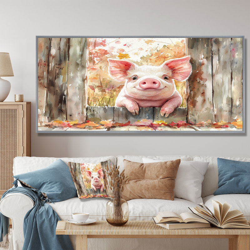 Portrait de cochon à la grange - décoration murale cochon, 34" H x 44" W, Encadrement argenté