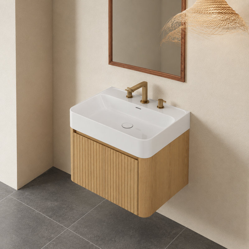 Meuble-lavabo mural de 61 cm (24 po) avec lavabo en céramique intégré, armoire de rangement suspendue avec 3 trous prépercés pour robinetterie, chêne