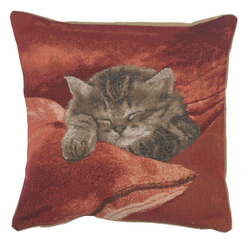 Red Cotton Euro Pillow Cover with Sleeping Cat Design