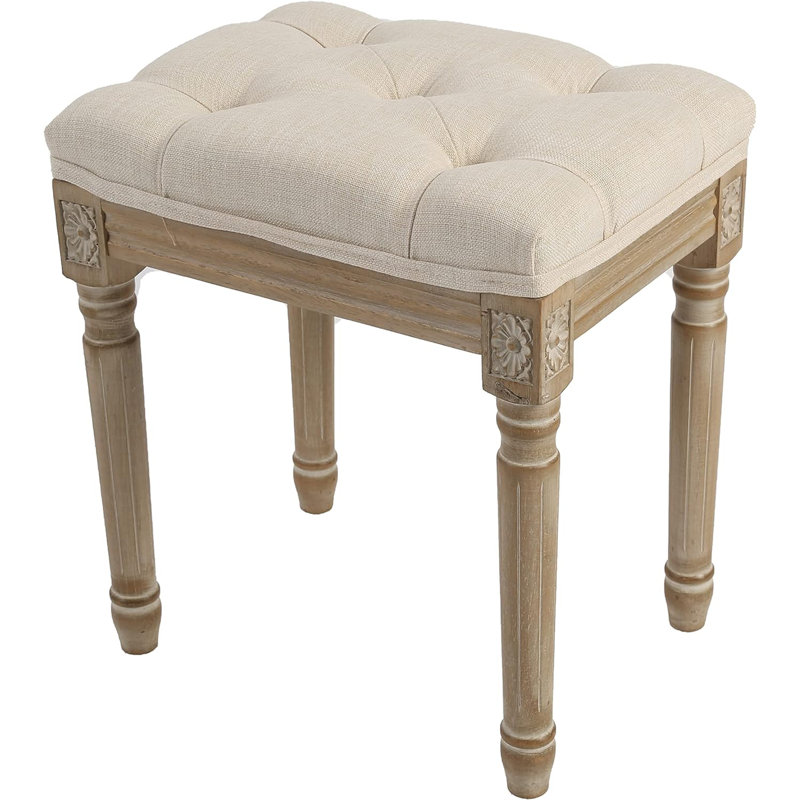 Upholstered Vanity Stool With Tufted Fabric And Rustic Wood Legs, Versatile Makeup Bench For Home