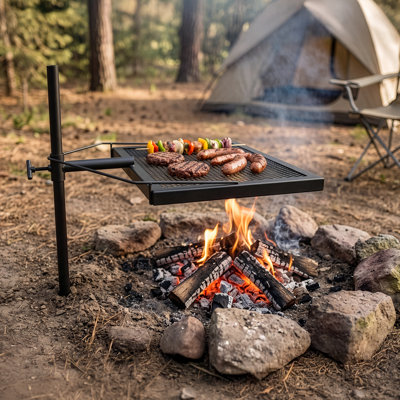 Grille de camping 24,5 po x 22 po pour foyer avec revêtement en émail à haute température et gants résistants à la chaleur - Grille de feu de camp en fer robuste à hauteur réglable