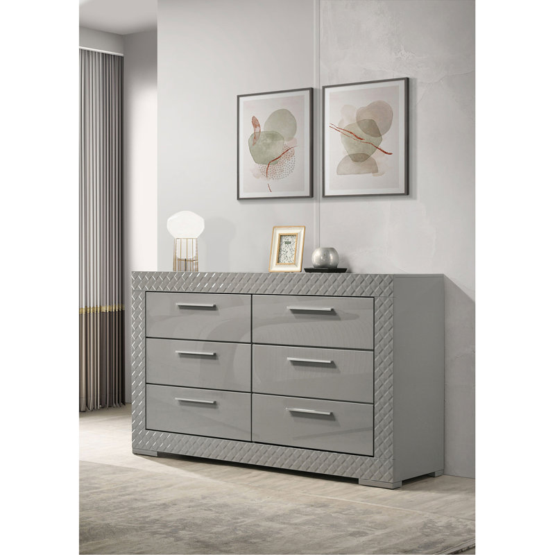 Commode 6 tiroirs grise ultrabrillante, Gris