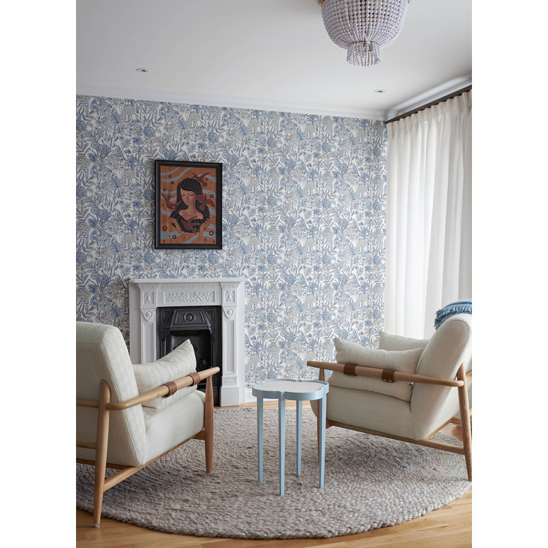 Papier peint chardonneret turquoise oiseaux et fleurs, Bleu