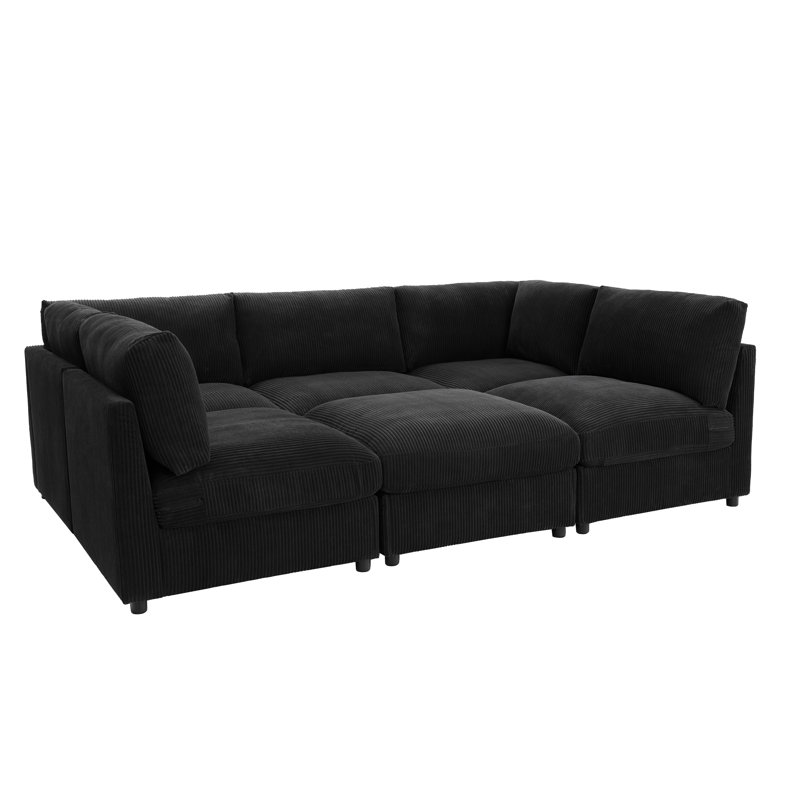 Kyanne Priyen 98" Wide Symmetrical Modular Corner Sectional, Charcoal Black Corduroy