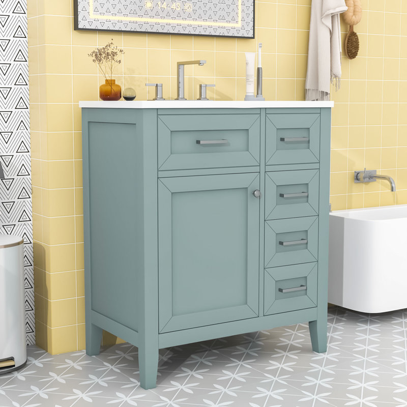 Meuble-lavabo de salle de bain avec lavabo en céramique, 3 tiroirs et armoire de rangement, Vert